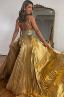 Load image into Gallery viewer, Sparkly Golden A Line Beaded Metallic Long Prom Dress With Slit