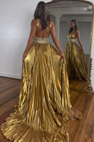Load image into Gallery viewer, Sparkly Golden A Line Beaded Metallic Long Prom Dress With Slit