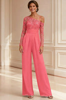 Load image into Gallery viewer, Sparkly Navy Beaded Asymmetrical Neck Long Mother of the Bride Jumpsuits with Lace