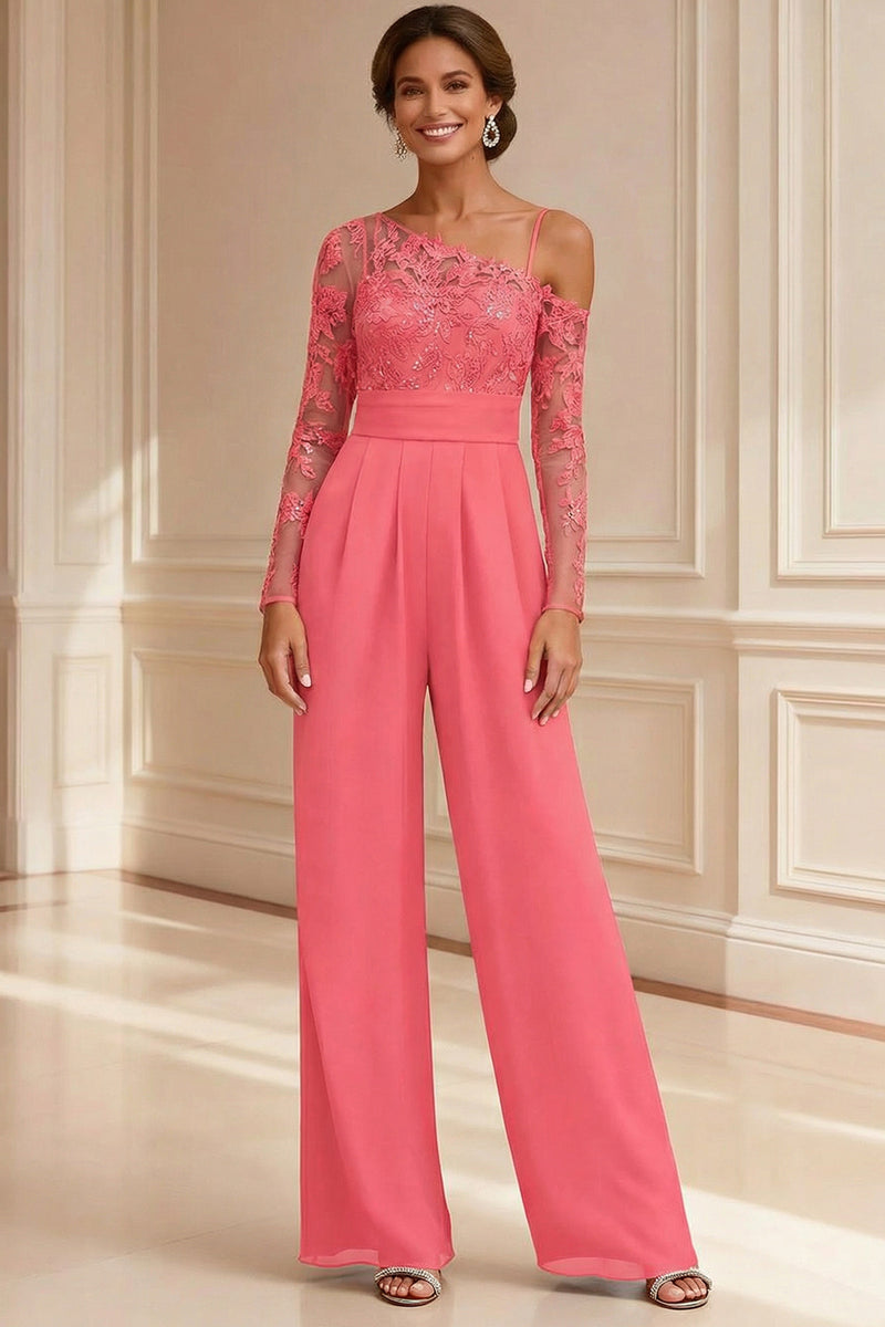 Load image into Gallery viewer, Sparkly Navy Beaded Asymmetrical Neck Long Mother of the Bride Jumpsuits with Lace