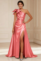 Load image into Gallery viewer, Silver Satin One Shoulder A Line Long Mother of the Bride Dress with Bow