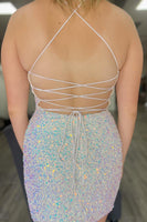 Load image into Gallery viewer, Sparkly Light Pink Spaghetti Straps Tight Homecoming Dress with Sequins