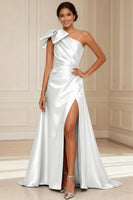 Load image into Gallery viewer, Silver Satin One Shoulder A Line Long Mother of the Bride Dress with Bow