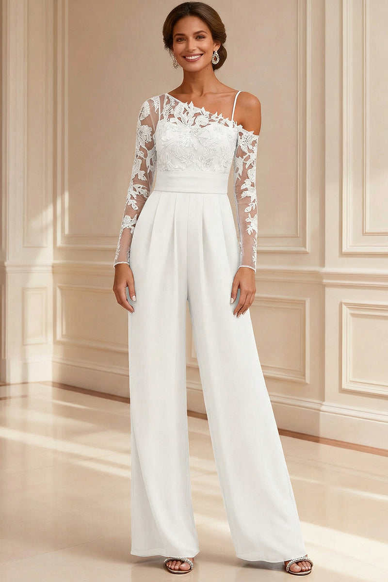Load image into Gallery viewer, Sparkly Navy Beaded Asymmetrical Neck Long Mother of the Bride Jumpsuits with Lace