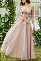 Load image into Gallery viewer, Elegant A Line Strapless Blush Long Wedding Guest Dress with 3D Flowers