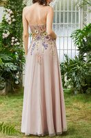 Load image into Gallery viewer, Elegant A Line Strapless Blush Long Wedding Guest Dress with 3D Flowers