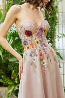 Load image into Gallery viewer, Elegant A Line Strapless Blush Long Wedding Guest Dress with 3D Flowers