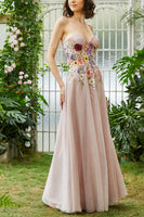 Load image into Gallery viewer, Elegant A Line Strapless Blush Long Wedding Guest Dress with 3D Flowers