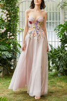 Load image into Gallery viewer, Elegant A Line Strapless Blush Long Wedding Guest Dress with 3D Flowers