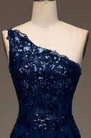 Load image into Gallery viewer, Glitter Dark Navy Tulle Long Corset Prom Dress With Appliques