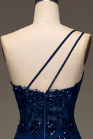 Load image into Gallery viewer, Glitter Dark Navy Tulle Long Corset Prom Dress With Appliques