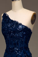 Load image into Gallery viewer, Glitter Dark Navy Tulle Long Corset Prom Dress With Appliques