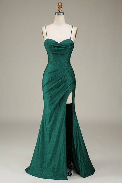 Satin Spaghetti Straps Dark Green Corset Prom Dress