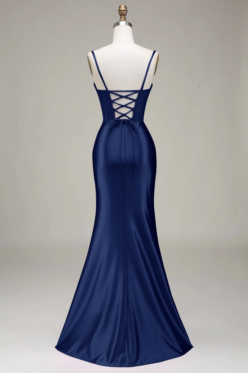Load image into Gallery viewer, Satin Spaghetti Straps Dark Green Corset Prom Dress