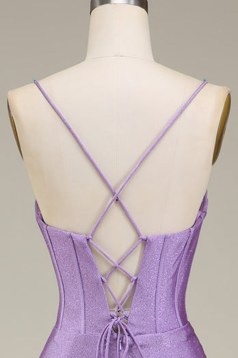 Satin Spaghetti Straps Lilac Prom Dress with Corset