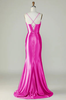 Fuchsia Spaghetti Straps Mermaid Long Prom Dress With Slit