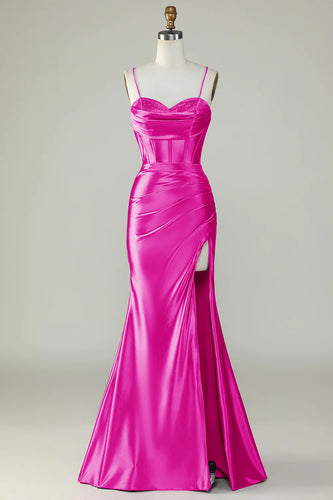 Fuchsia Spaghetti Straps Mermaid Long Prom Dress With Slit