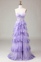 Load image into Gallery viewer, A Line Purple Corset Tiered Long Prom Dress
