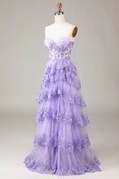 Load image into Gallery viewer, A Line Purple Corset Tiered Long Prom Dress