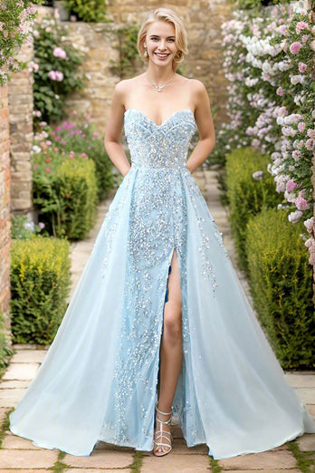 Light Blue Long Beaded Prom Dress With Slit