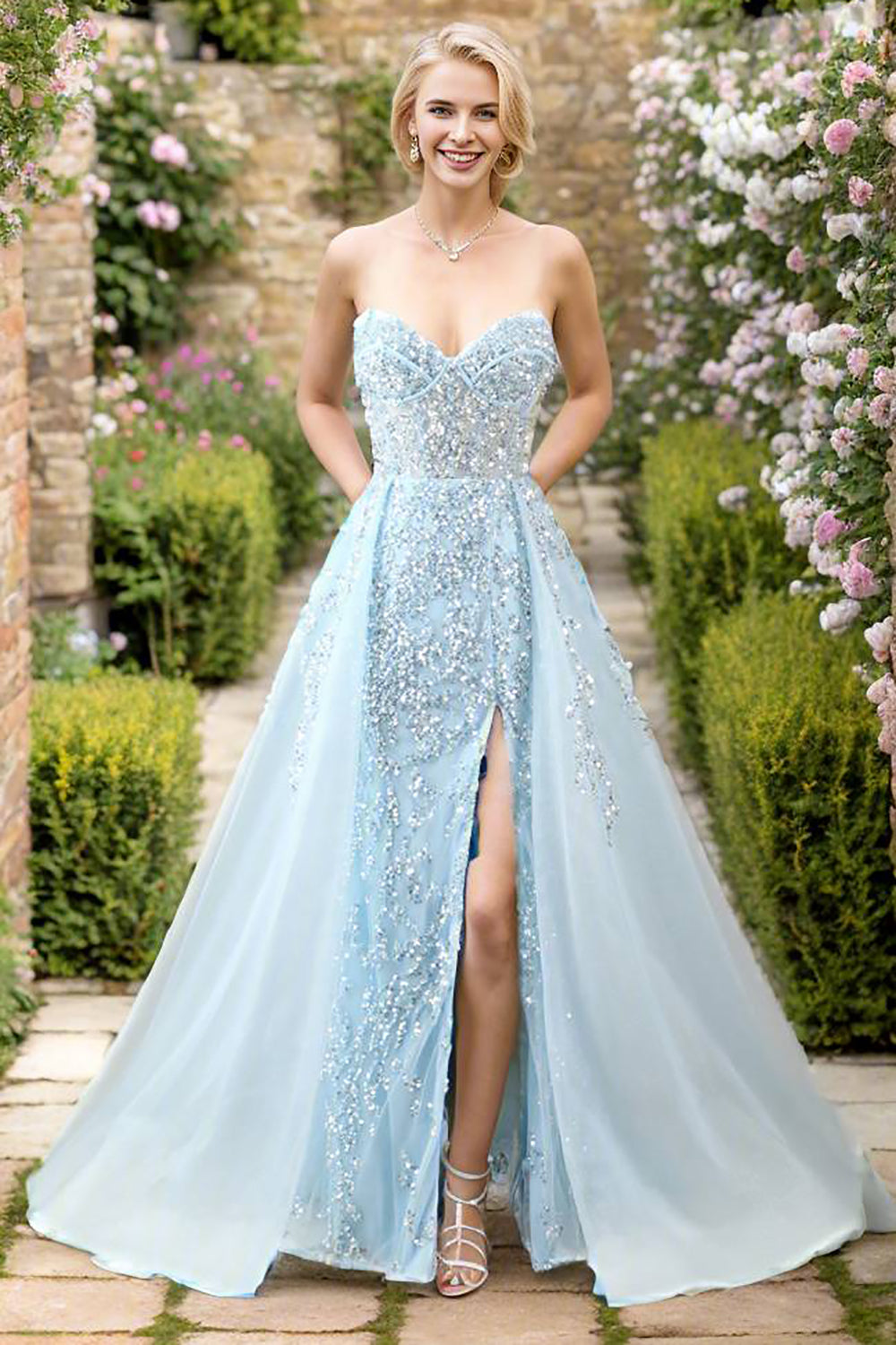 Light Blue Long Beaded Prom Dress With Slit