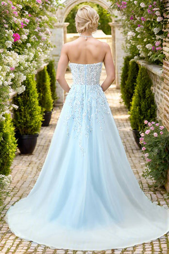 Light Blue Long Beaded Prom Dress With Slit