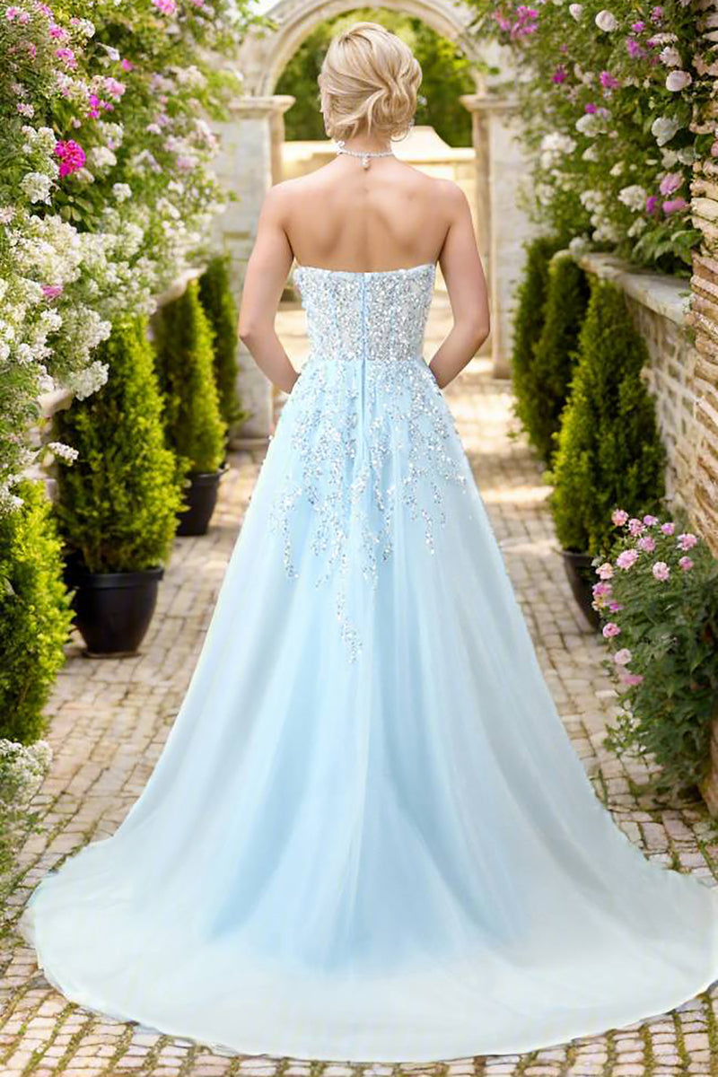 Load image into Gallery viewer, Light Blue Long Beaded Prom Dress With Slit