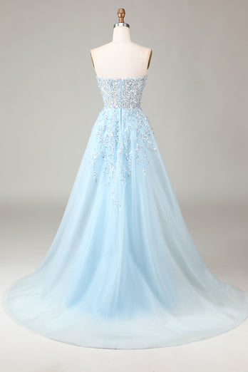 Light Blue Beaded Long Prom Dress With Slit
