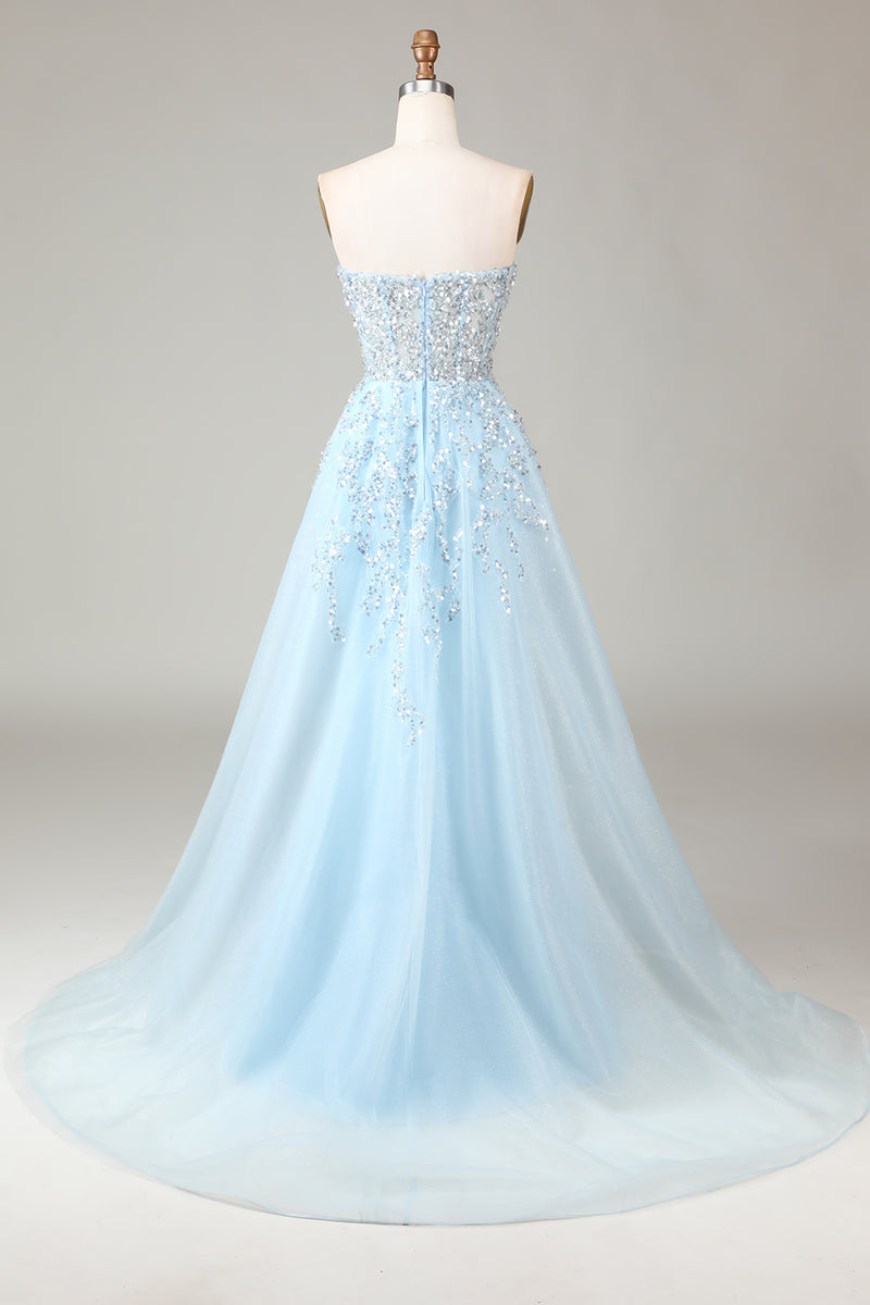 Load image into Gallery viewer, Light Blue Beaded Long Prom Dress With Slit