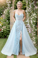 Load image into Gallery viewer, Light Blue Long Beaded Prom Dress With Slit