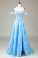 Load image into Gallery viewer, A Line Off the Shoulder Blue Long Prom Dress With Slit