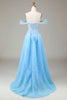 Load image into Gallery viewer, A Line Off the Shoulder Blue Long Prom Dress With Slit