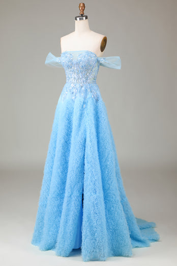 A Line Off the Shoulder Blue Long Prom Dress With Slit