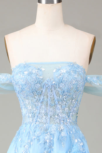 A Line Off the Shoulder Blue Long Prom Dress With Slit