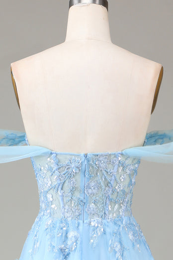 A Line Off the Shoulder Blue Long Prom Dress With Slit