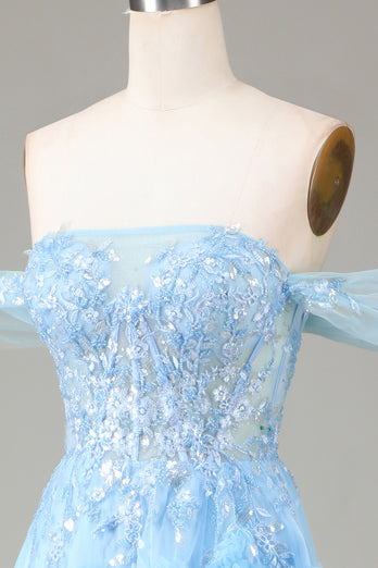 A Line Off the Shoulder Blue Long Prom Dress With Slit