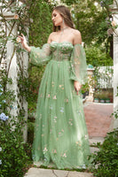 Load image into Gallery viewer, Off The Shoulder Green Long Sleeves A-Line Tulle Long Prom Dress