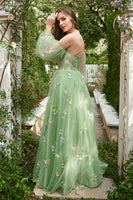 Load image into Gallery viewer, Off The Shoulder Green Long Sleeves A-Line Tulle Long Prom Dress
