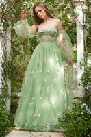 Load image into Gallery viewer, Off The Shoulder Green Long Sleeves A-Line Tulle Long Prom Dress