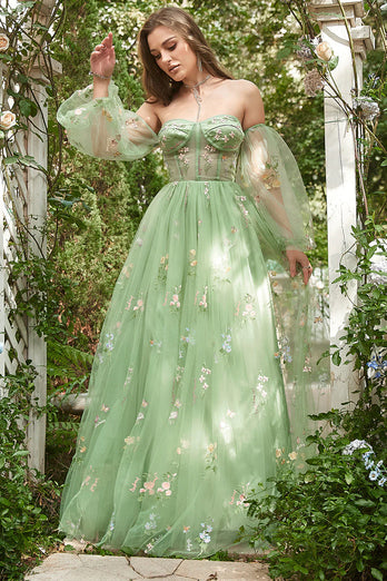 Off The Shoulder Green Long Sleeves A-Line Tulle Long Prom Dress