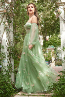 Load image into Gallery viewer, Off The Shoulder Green Long Sleeves A-Line Tulle Long Prom Dress