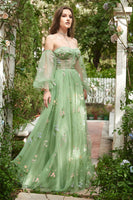 Load image into Gallery viewer, Off The Shoulder Green Long Sleeves A-Line Tulle Long Prom Dress