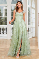 Load image into Gallery viewer, A Line Green Corset Long Tulle Prom Dress with 3D Butterflies Split Front