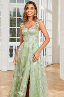 Load image into Gallery viewer, A Line Green Corset Long Tulle Prom Dress with 3D Butterflies Split Front