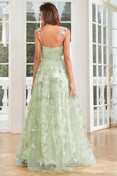 A Line Green Corset Long Tulle Prom Dress with 3D Butterflies Split Front