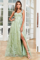 Load image into Gallery viewer, A Line Green Corset Long Tulle Prom Dress with 3D Butterflies Split Front