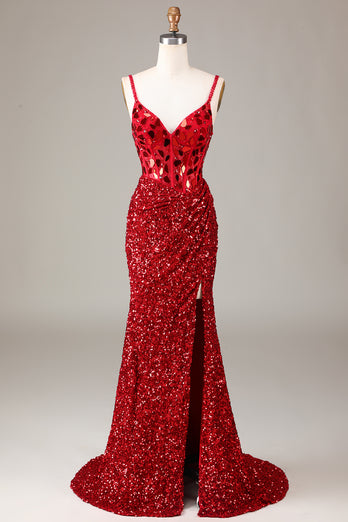Red Corset Long Mirror Prom Dress With Slit