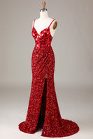 Load image into Gallery viewer, Red Corset Long Mirror Prom Dress With Slit