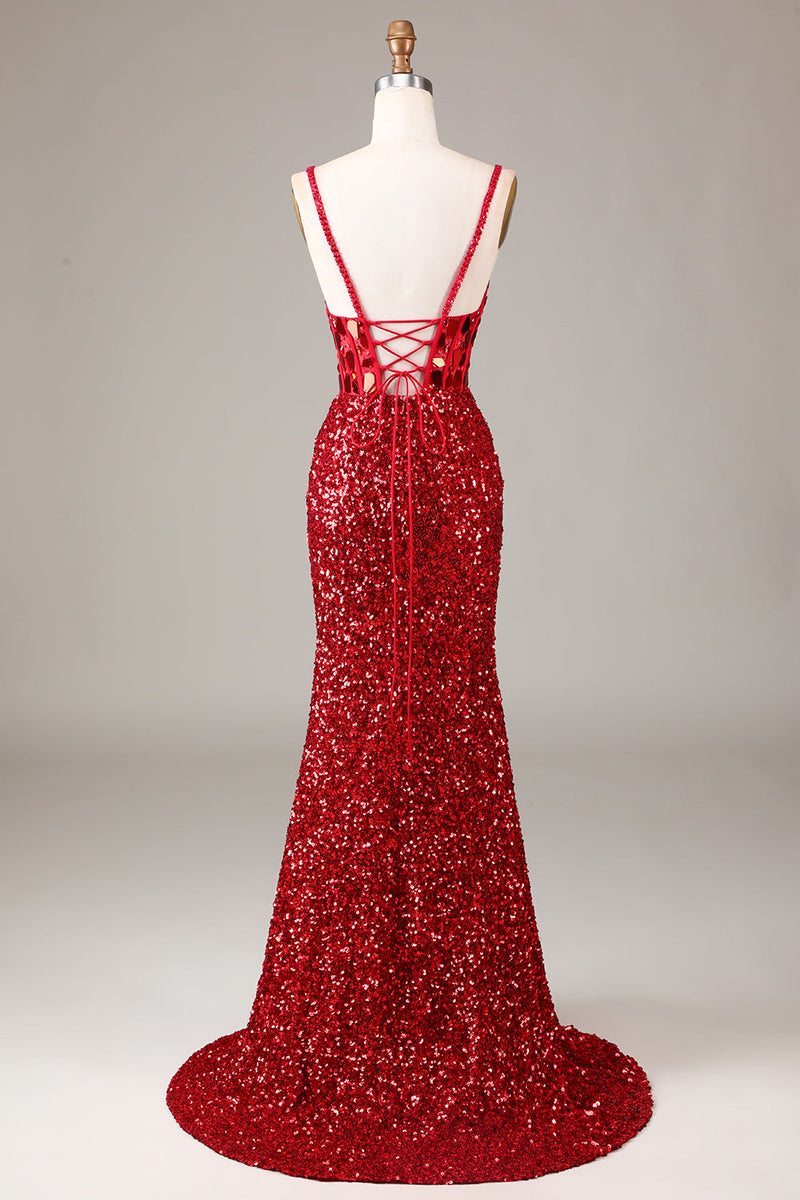 Load image into Gallery viewer, Sparkly Red Corset Long Mirror Prom Dress With Slit