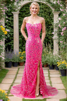 Load image into Gallery viewer, Fuchsia Long Appliqued Prom Dress With Slit